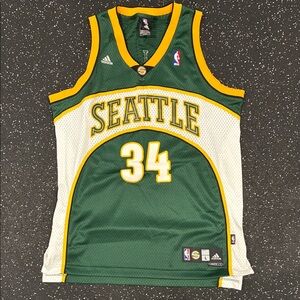 Throwback Adidas Ray Allen Seattle Green and White Basketball Jersey length +2